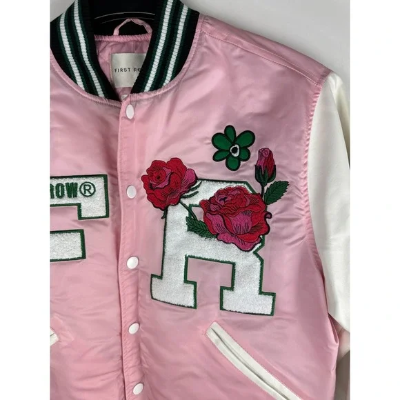 First Row Easy Hours Varsity Letter Contrast Patch Bomber Jacket Snap Pink Small - Picture 6 of 16